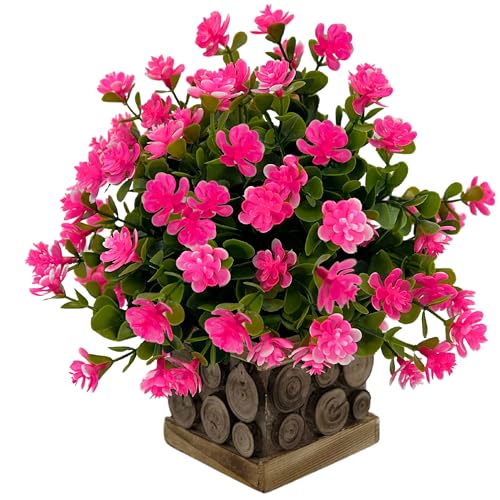 Image of Tdas Artificial Flower Plants Leaves Wooden Potted Eucalyptus Flowers Home Decor Greenery Small Faux with Pot for Indoor Shelf Desk Bathroom Bedroom Office Decoration (Pink)