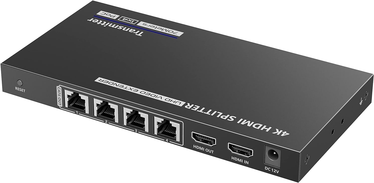 Techly 368499 Extender Splitter HDMI 4 Vie su Cavo di Rete 70 Metri PoC Nero