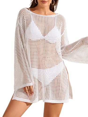 Image of Lilosy Sexy Crochet Sheer Kaftan Caftan Beach Dress Bathing Suit Swim Coverup Summer Vacation Outfits One Piece