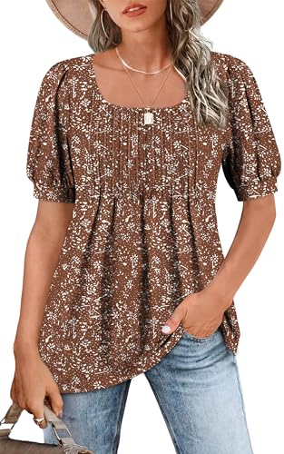 Zwurew Women's Summer Casual Puff Short Sleeve T-Shirts Square Neck Pleated Flowy Trendy Tunic Tops for Leggings S-2XL