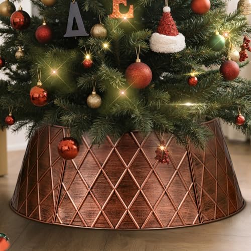 Lanpn Metal Christmas Tree Collar 20 inch, Christmas Tree Ring Collar for Small Mini Pencil Xmas Stand Cover Real Artificial Trees Indoor Outdoor Decoration (Copper, Diamond)