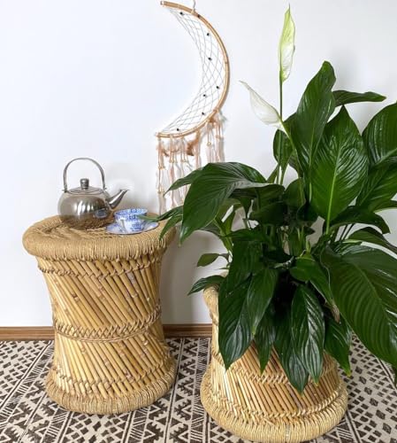 GURU SHOP Taburete de mimbre indio en 2 tamaños, puf de bambú, cesta de almacenamiento, color natural, yute, tamaño: 43 x 40 x 40 cm, muebles de asiento