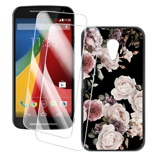OAGELIM 2 Pack Screen Protector + Case Compatible with Motorola Moto G 2nd Gen (5 inch) Case Artistic Cover and Tempered Glass Film Anti-Scratch (Flowers)