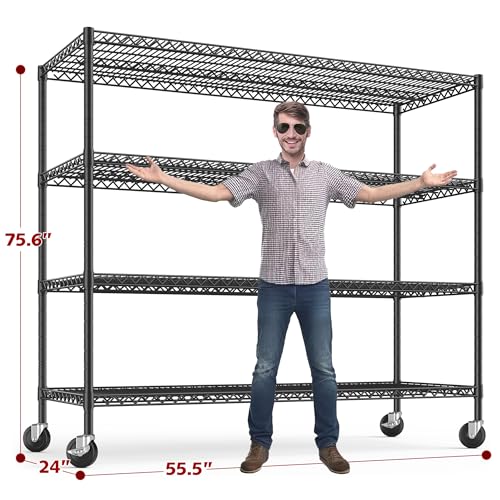 Reibii 4L140 Storage Shelves 75.6 Inch H Wire Shelving Unit With Wheels 2500Lbs Heavy Duty Metal Shelves For Storage Adjustable Garage Storage Rack Pantry Shelf Commercial Shelving thumb #2