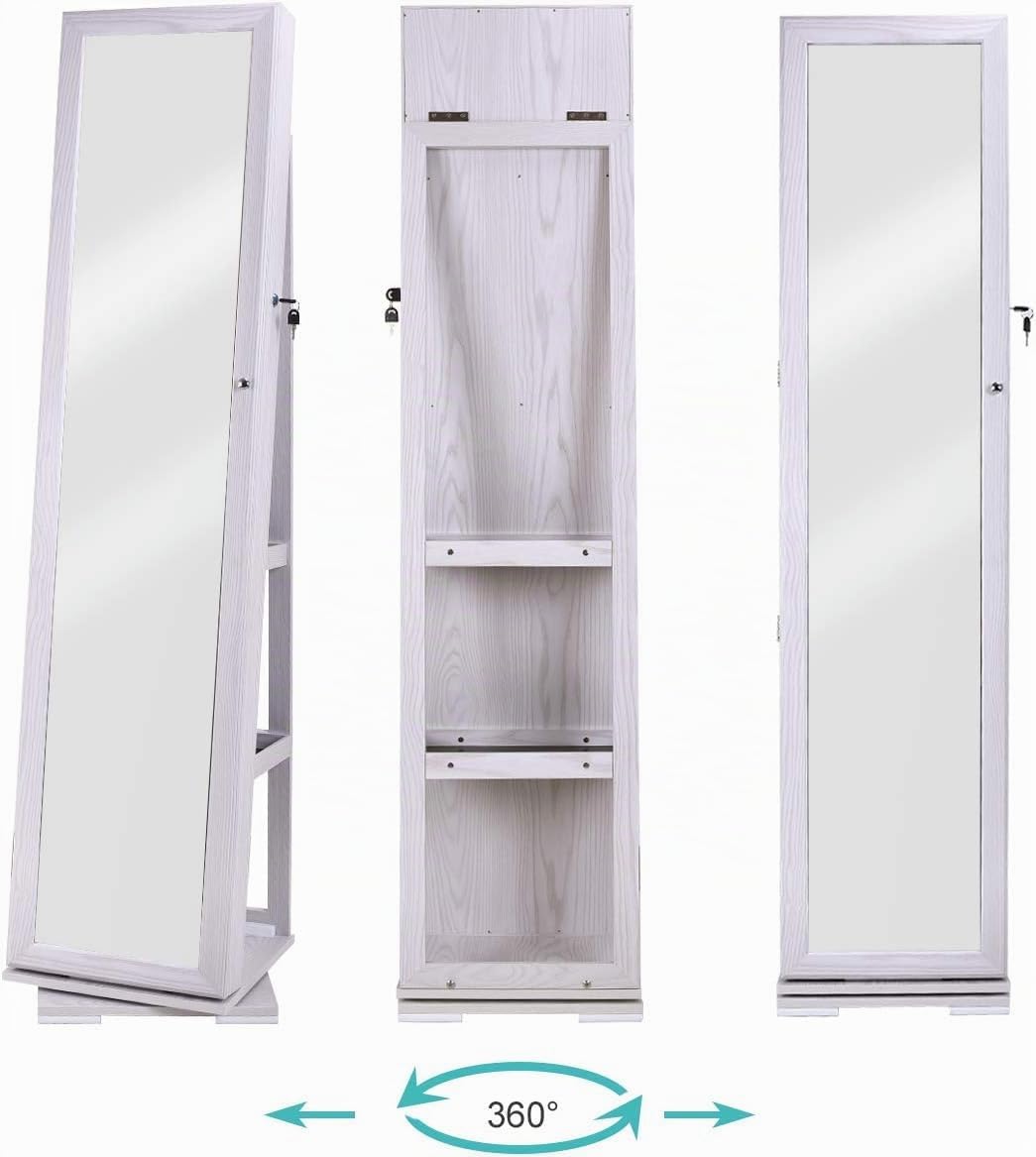 sogesfurniture Armoire à Bijoux sur Pied, Armoire de Rangement cosmétiques avec Miroir Plein Longueur et Étagères Arrières, Rangement Bijoux Verrouillable, Pivotante à 360°, Blanc