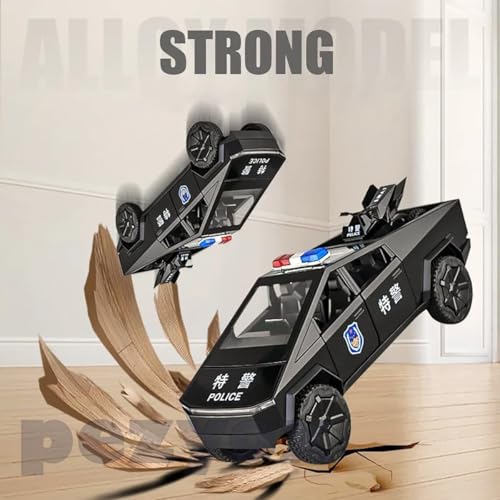 Image of 1:24 Scale Die-Cast CyberTruck Police【Free Wheel】 with 6 Openable Doors,Steerable Tyres,Working Horn,Working Lights (Black)