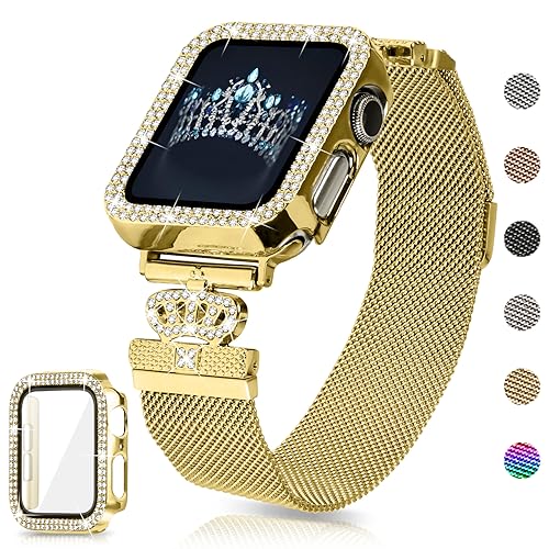 Magnetic Band Compatible with Apple Watch 38mm 40mm 41mm 42mm 44mm 45mm 46mm Stainless Steel Metal Strap with Bling Case and Built-in Screen Protector, Dressy Milanese Loop iWatch Bands for Women