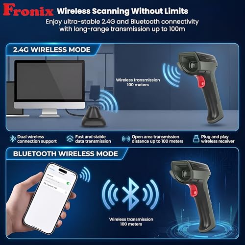 Image of 1800W Wireless 2D & 1D Barcode Scanner Bluetooth 5.0 & 2.4G QR Code Reader, CMOS Sensor, TFT Color Screen, Auto Induction Scanning, 2 Year Warranty