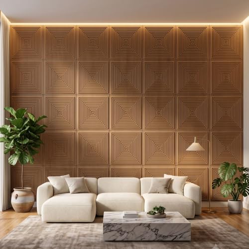 Image of Kayra Decor 3D PVC Wall Panels for Bedroom & Living Room | Pryamid Design |Metallic Wood Color | 19.7 x 19.7 Inch | Pack of 40 | 107.6 Sq Ft