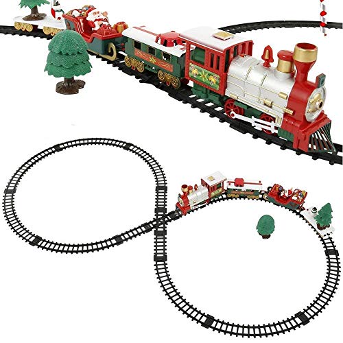 BAKAJI Comboio de Natal sob árvore 3 em 1, locomotiva, luzes som com vagões trenó pai Natal decoração de Natal pista oito dimensões 90 x 43 cm brinquedo crianças