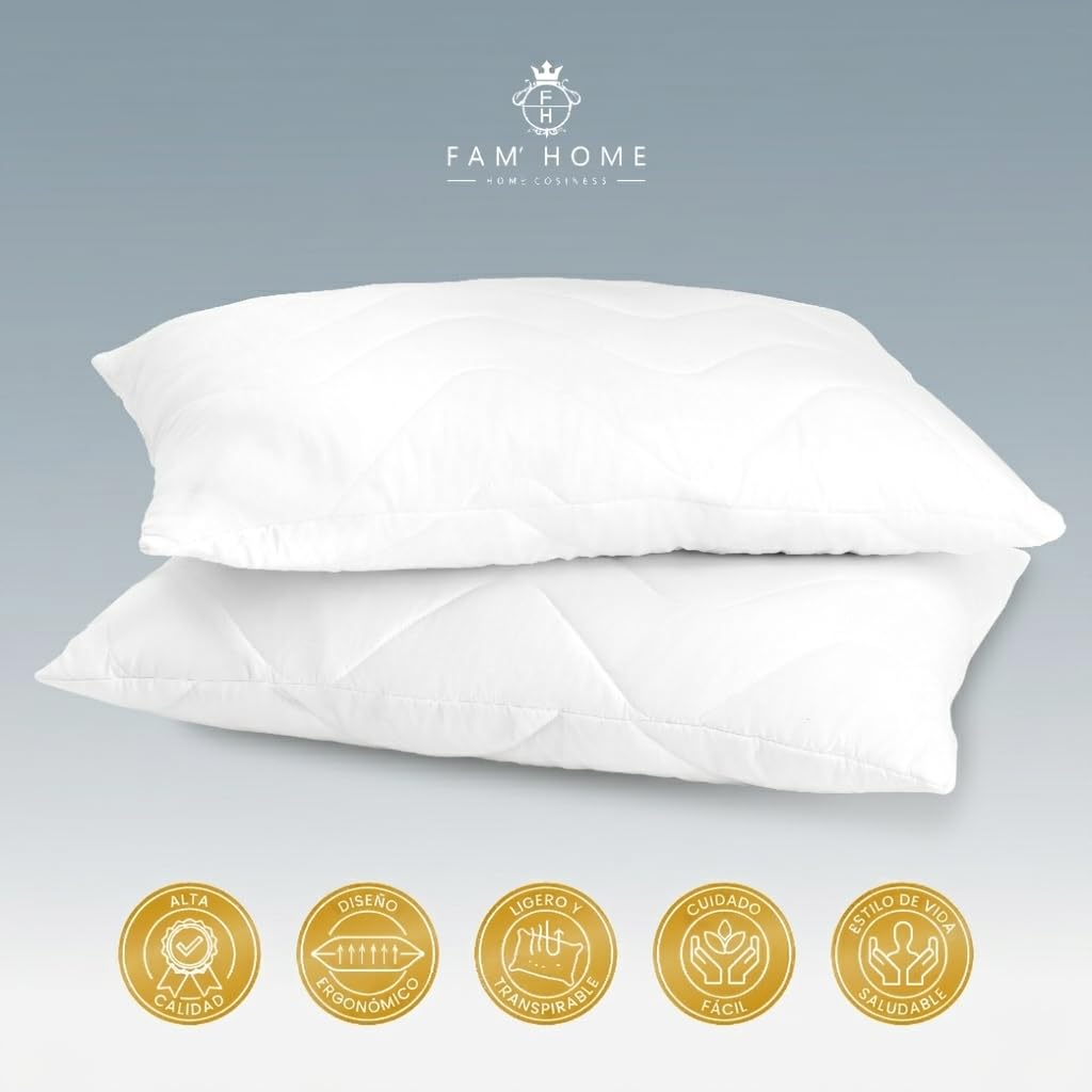 FAM' Home - Juego de 2 Almohadas hipoalergénicas de Lujo, 50 x 70 cm, Relleno de Volumen (720 g), Almohada ergonómica Blanca, fácil Cuidado, Almohada de 50 x 70 cm, Lavable hasta 95 °C, Transpirable