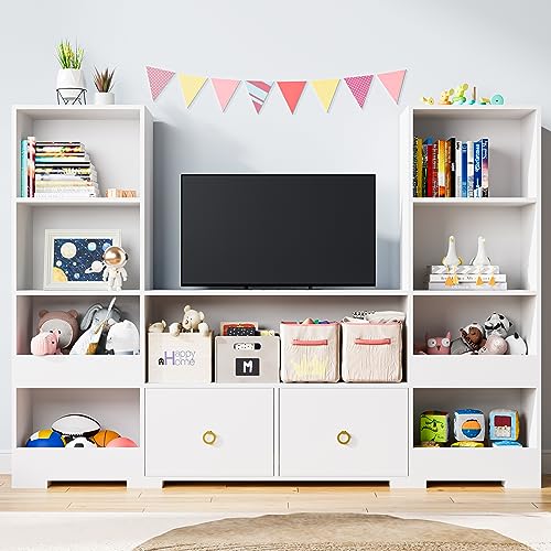 Image of Cozy Castle 4 Tier Book Shelf, 9 Cube Storage Organizer Bookshelf with Drawers, Toy Storage Organizer, Horizontal Bookcase for Living Room, Playroom, White