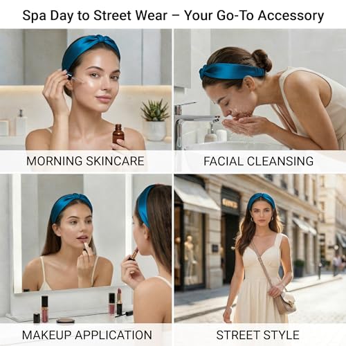 Image of ZLYC Mulberry Silk Headband for Women's Hair, Solid Mineral Blue | smooth luxury real silk, stretch elastic no slip fit, makeup spa skincare use, travel daily wear,boho fashion hair accessory