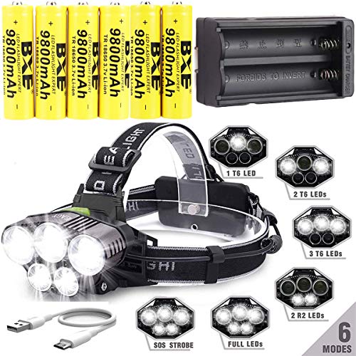 LED Rechargeable 12000 Lumens Headlamp Flashlight,Kit with 6PCS 3.7V 1500mAh Rechargeable Battery +