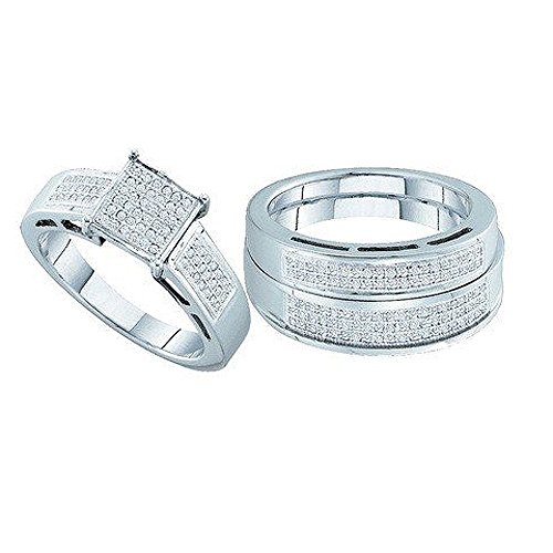 Dazzlingrock Collection 0.60 Carat (ctw) 10K Round Cut White Diamond Men & Women's Micro Pave Engagement Ring Trio Set, White Gold