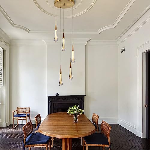 Waluin 5-Light Led Chandelier Modern Pendant Light Raindrop, Crystal Pendant Light Fixtures, Gold Pendant Lighting For Kitchen Island Foyer Hallway Bedroom 4000K Neutral White #TOP7