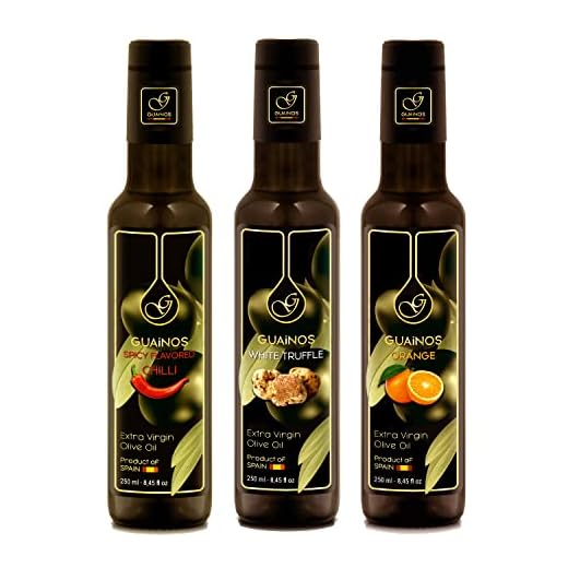 PACK 3 ACEITES DE OLIVA VIRGEN EXTRA AROMATIZADOS | 250 ml cada botella | 1 AOVE Guindilla + 1 AOVE Trufa Blanca + 1 AOVE Naranja | Variedad 100% Picual | Esencias naturales | Calidad Superior