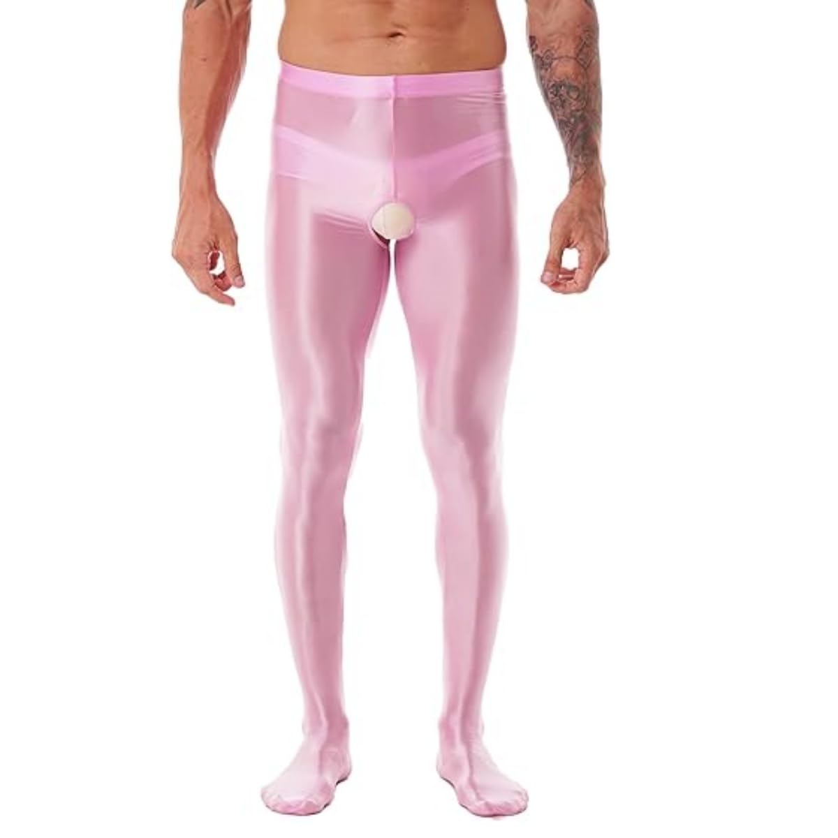 Duoyijin Men's Pink Glossy Tights, High Waist Tummy Control Crotchless Fitness Leggings, Seamless Stretchy Spandex Pantyhose For 80S Disco, Slim Fit Solid Nylon Stockings Hosiery For Dancewear Nightclub Rave Party
