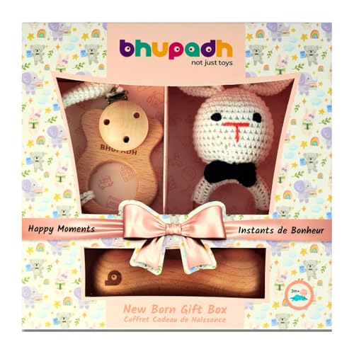 Image of Newborn Gift Box Rabbit Collection (0-12 Months) | 3-in-1 Set with Crochet Rattle, Wooden Dumbbell Rattle & Rabbit Teether | Montessori Baby Toy| BPA Free | Non-Toxic Cotton & Beechwood | Gift Box