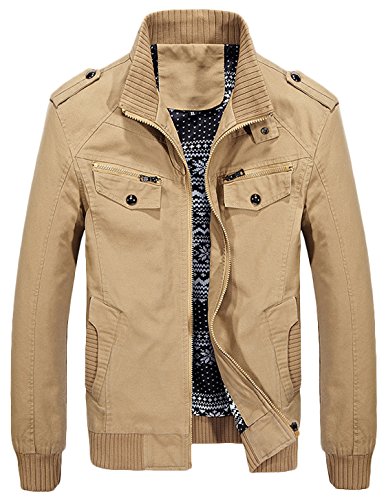 Youhan Men's Casual Fit Stand Collar Cotton Jacket with Shoulder Straps (X-Large, Khaki)