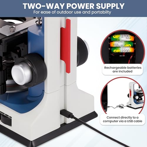 Image of AmScope B120C-R 40X-2500X USB-C Rechargeable Battery-Powered Student Binocular Compound Microscope w /3D Two-Layer Mechanical Stage, Achromatic Objectives, & LED Illuminator