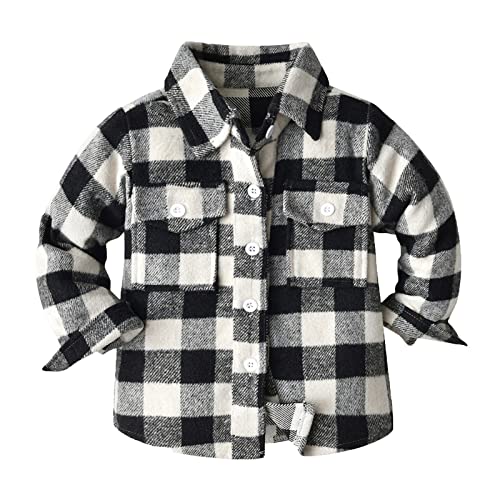 Boys Girls Plaid Shirt Jacket Long Sleeve Lapel Button Down Pocketed Shirts Coat Fall Winter Clothes