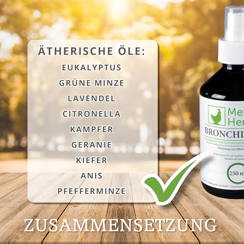 Meine Hennen Bronchi-Spray 250 ml, Raumspray, zur Lufthygiene aus verschiedenen ätherischen Ölen für Hühner, Tauben und Wachteln. Für Ihr Geflügel zur Unterstütung der Lufthygiene in Hühnerställen.