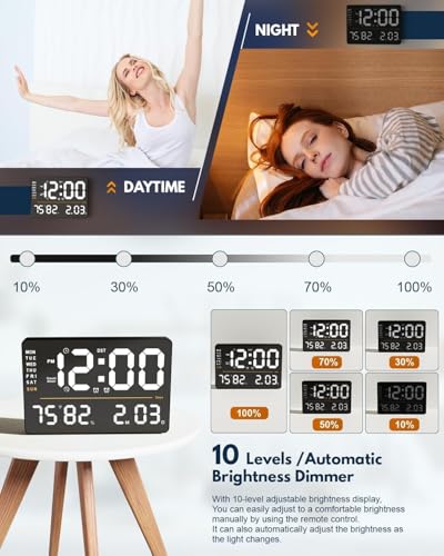 Image of 15-Inch Digital Wall Clock with Large LED Display - Remote Control, Auto-Dimming, Night Light, Date, Day, Temperature, DST Function - Ideal for Living Room, Bedroom (Square Orange)