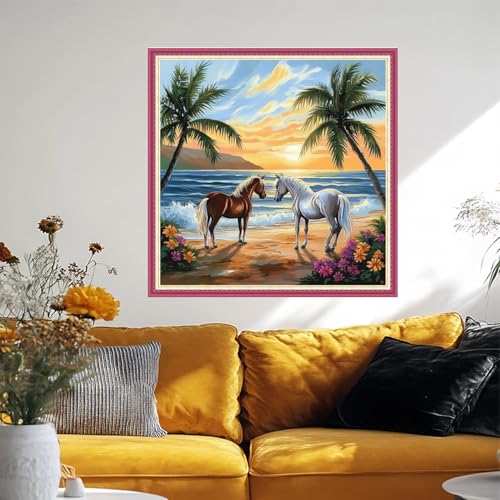 Image of Fanxvivy Stamped Cross Stitch Kits for Beginners Full Range of Cross Stitching Preprinted Embroidery Kits for Adults, 11CT Embroidery Pattern Needlepoint Kits- Seaside Couple Horse 18x18 inch