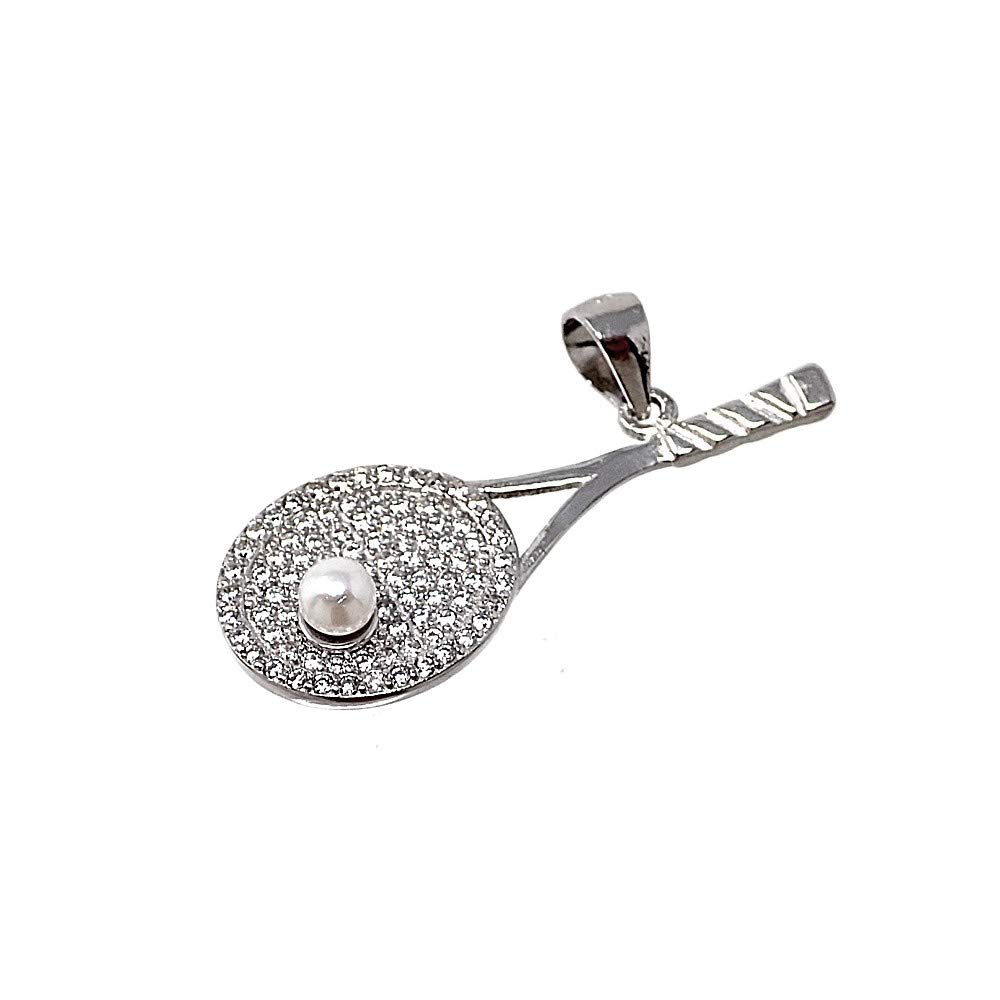Colgante plata Ley 925m raqueta tenis pala pádel 31mm. perla sintética circonitas mujer