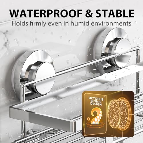 Image of LEVERLOC Shower Caddy Suction Cup 2 Pack, Shower Shelf for Inside, Silver | Heavy Duty Bathroom Organizers, No Drill Shower Storage, Rustproof Metal Shower Basket, Shampoo Holder, Wall Shower Caddies
