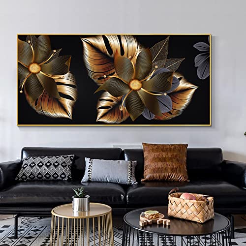 Toile abstraite feuille d'or : décoration murale géante pour un salon chic et chaleureux