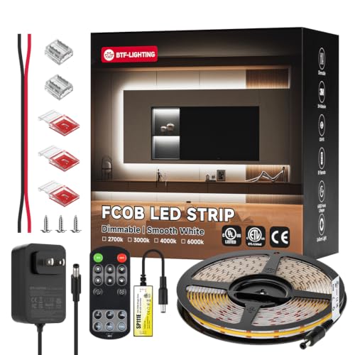 Image of BTF-LIGHTING COB LED Strip Light Cool White 6000K, UL Listed Flexible Tape Light with ETL RF Remote & Power Adapter, DC12V 16.4FT Uniform Light for Cabinet Kitchen Home Indoor DIY Lighting