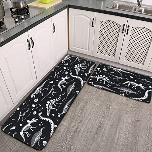YouTary Black and White Dinosaur Skeleton Pattern Kitchen Rug Set 2 PCS Floor Mats Washable Non-Slip Soft Flannel Runner Rug Doormat Carpet for Floor Home Bathroom, 17