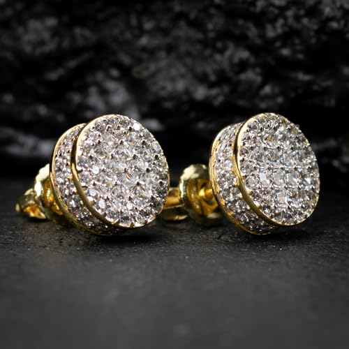 ​Men's Round Two Tone 14K Gold Plated 925 Sterling Silver Iced 5A Cz Cluster Square Princess Cut Setting Hip Hop Screw Back Gauges Circle Shape Stud Earrings3
