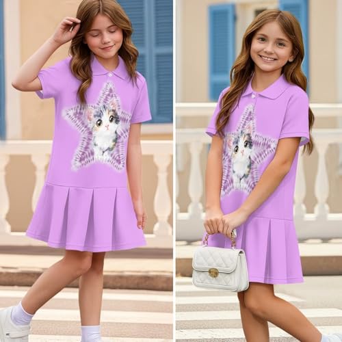 Print Girls Tennis Polo Dress with Pleated Skirt Knee Length Goft Dresses Short Sleeve Athletic Dress Size 5-143