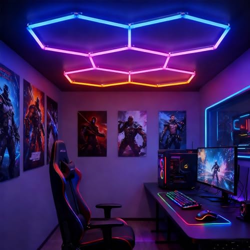 Gneng RGB Hexagon Lights with Remote, Music Sync Mode & 358+ Colors, LED Hexagon Lights for Gaming Room, Gym Lighting, Garage, Room Decor, Basement, Shop Light, Bar Lighting