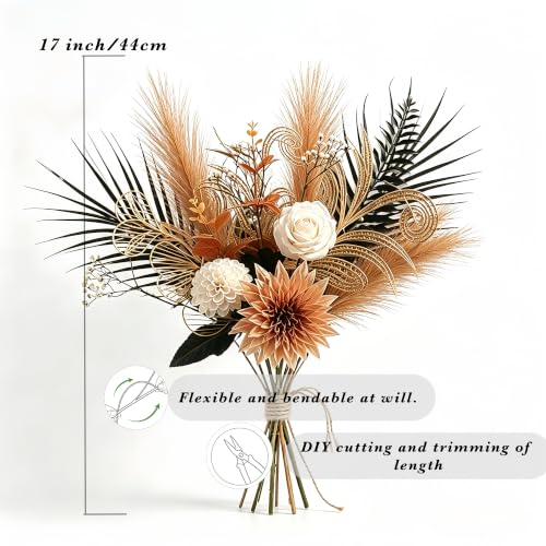 Image of Black Gold artificial flower bouquet,15pcs Fall Home Decor Floral Art | Silk Flowers, Include Palm Leaves,Pampas,Rose,for Living Room,Vase Center Filling,Office, Festival Decor (Vase Not Included)