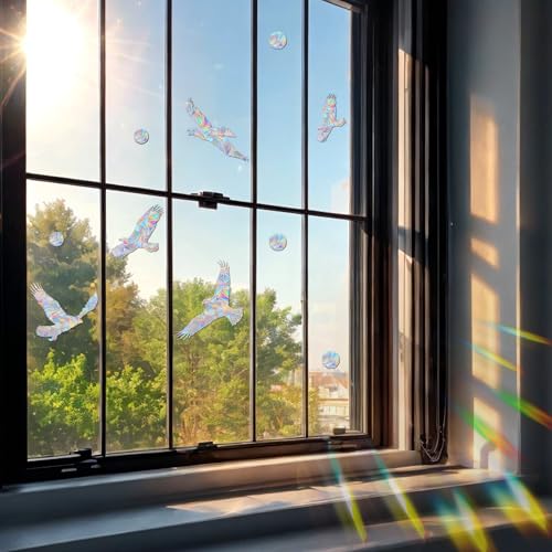 Image of Window Clings for Birds - Anti-Collision Window Decals - Prismatic Non Adhesive Vinyl Rainbow Glass Stickers to Save Birds from Glass Strikes (Eagle-dots, 21 Pieces)