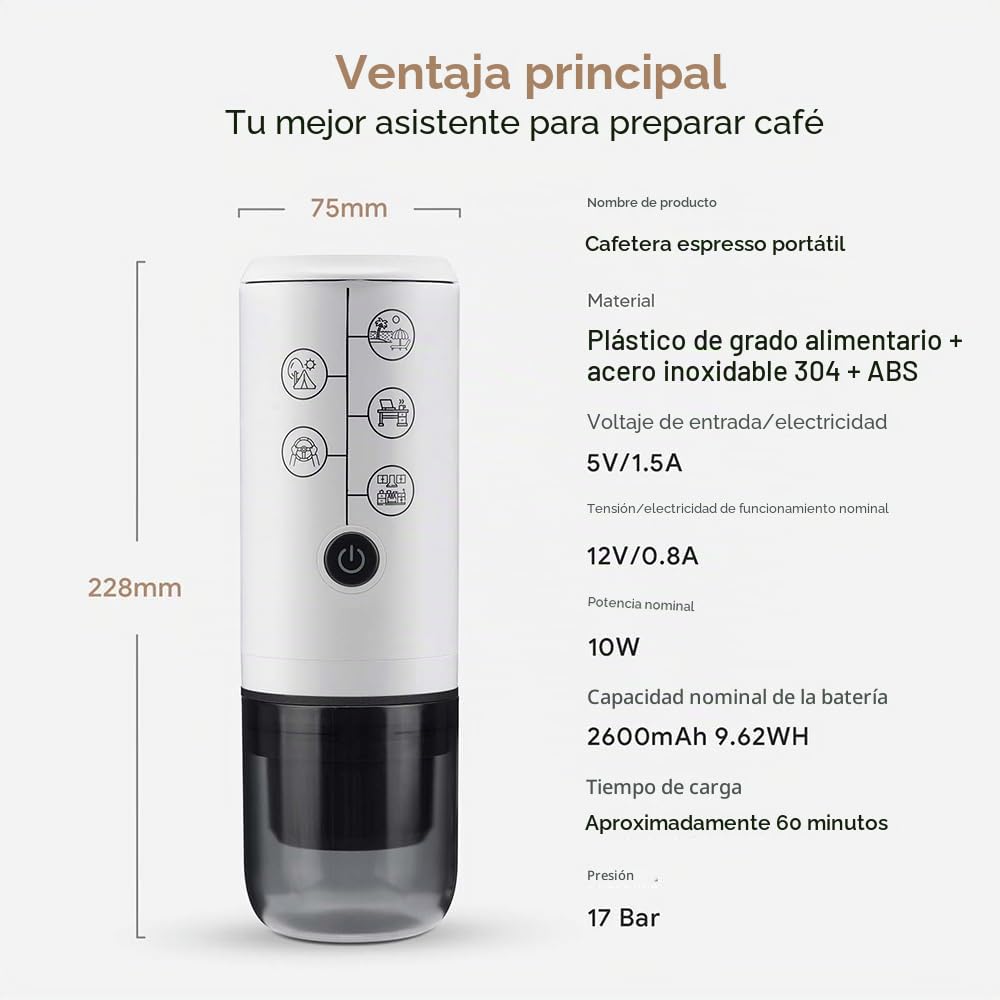 Cafetera espresso portátil 3 en 1 sin función de calefacción, cafetera eléctrica de carga tipo C, mini cafetera de 17 bares para N ESPRESSO/DolceGustoPods y café molido sobre la marcha