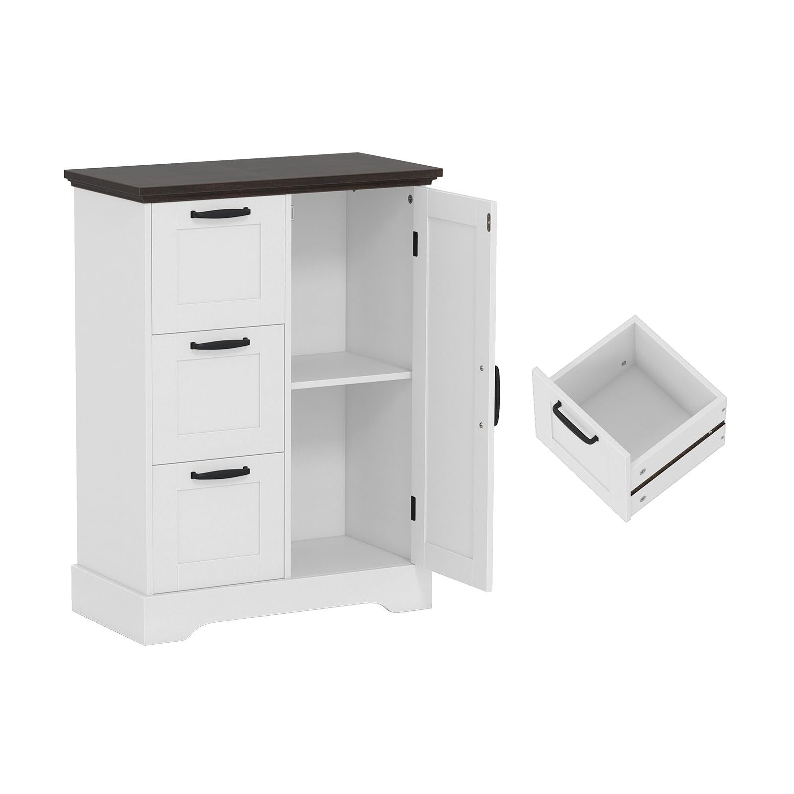 KOMFOTTEU Credenza Cucina con 3 Cassetti e Armadio con Ante, Mobile Cucina Dispensa con Kit Antiribaltamento, Mobiletto Cucina, per Soggiorno, Sala da Pranzo, 60 x 30 x 80 cm (Bianco)