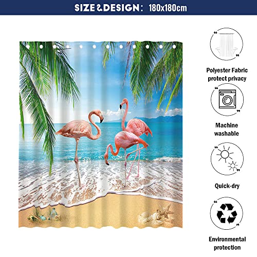 Reagtught Tropical Hawaii Luau Flamingo Shower Curtain For Bathroom Summer Seaside Beach Coastal Shower Curtain Ocean Island Palm Tree Home Bathtubs Decor 72Wx72H Inches Set With 12 Hooks #TOP4
