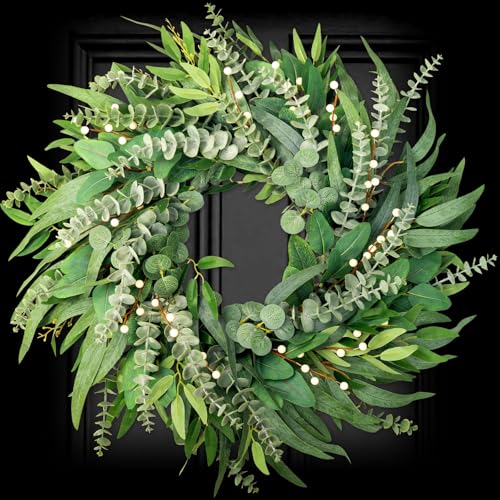 22 Inch Eucalyptus Wreaths for Front Door Year Round, Large Green Artificial Farmhouse Wreath for Home Decorations Outdoo Indoor Wall Window Porch