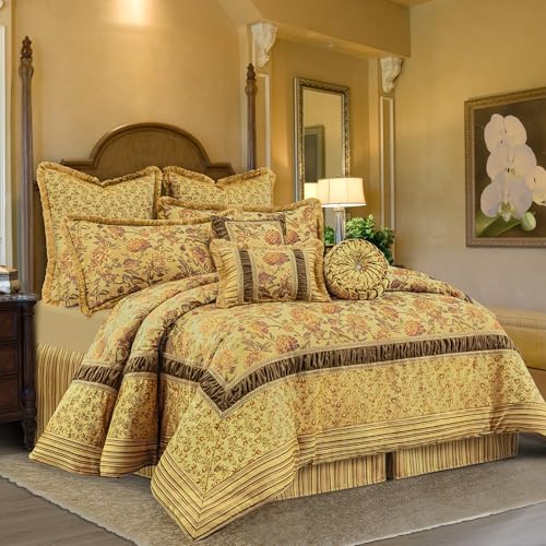 Loom and Mill 9-Piece Luxury Comforter Sets Classic Framework Design, Damask Floral King Bedding with Euro Shams, Bedskirt, Filled Decorative Pillow for Home Bedroom(Yellow, King)