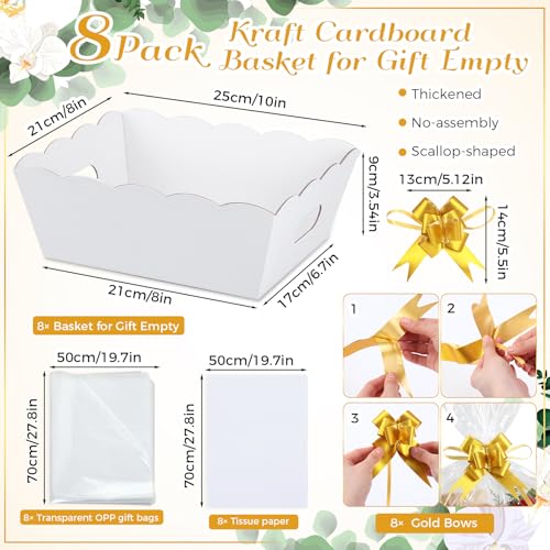 Image of Fuyoooo 8 Pack White Basket for Gifts Empty to Fill, 10 inch x 8 inch Thick Sturdy Kraft Scalloped Edge Gift Basket with Handle, 8 Wrap Bag 8 Bow 16 Tissue Paper for Christmas Wedding Birthday Wrapping Gift