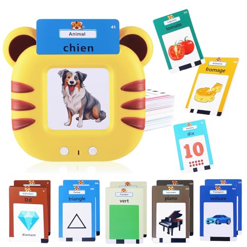 Lernkarten, Französisch sprechende Flash-Karte für Kinder, Vorschul interaktives sensorisches Lernspielzeug für Kleinkinder, Baby, Lernen Sie Alphabet, ABC/Tiere/Farben, 224 Wörter
