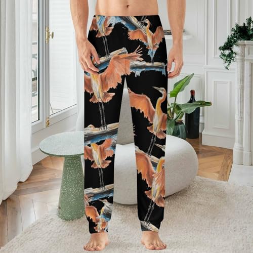 Red Heron Standing On Wood Men's Pajama Bottoms Sleep Lounge Soft Comfy Pants Sleepwear2