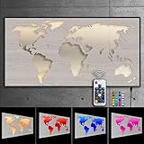 LED Holz Weltkarte 3D ALU Rahmen Wandbild Holzoptik RGB beleuchtet Wooden World Map Leuchtbild mit Fernbedienung