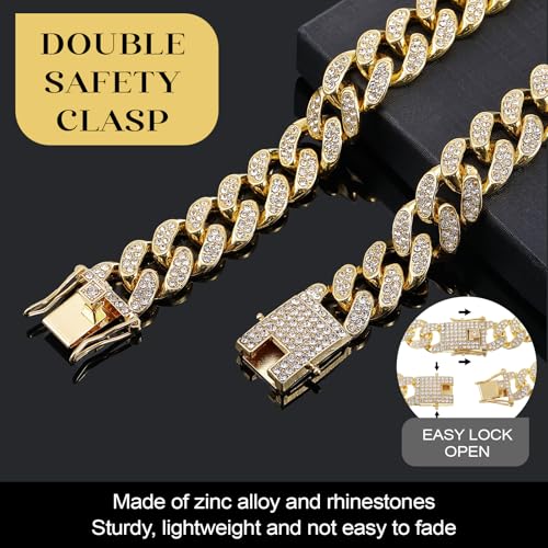 Image of Tallew Dog Chain Diamond Collar Gold 16 mm Wide Walking Metal Chain Necklace with Secure Buckle Pet Cuban Style Collar Jewelry Accessories for Small Medium Large Dog Cats(17 Inch)