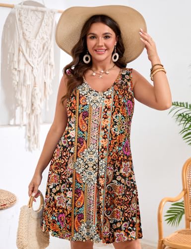 Image of JollieLovin Women Plus Size Summer Sundress Tank Sleeveless V Neck Beach Swing Dress Swimsuit Cover ups(L-5X)